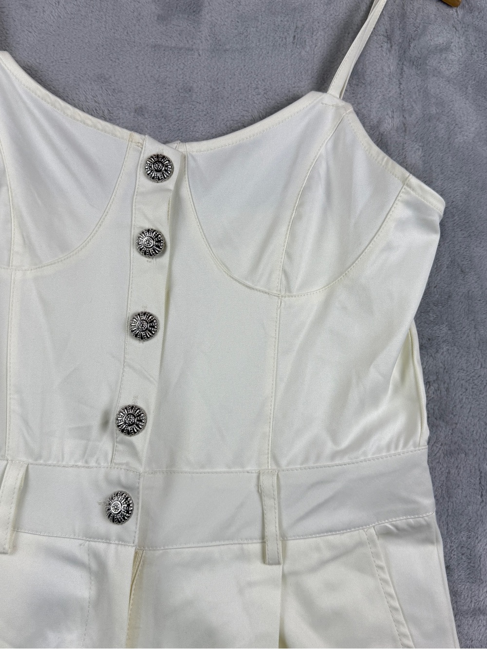 Women's Cream Wide-Leg Button-Front Jumpsuit Spaghetti Straps Pockets Size L - Picture 11 of 12